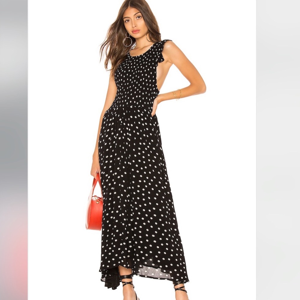 Free People Chambray Polka Dot MIDI Dress Black Swing Smocked Dress